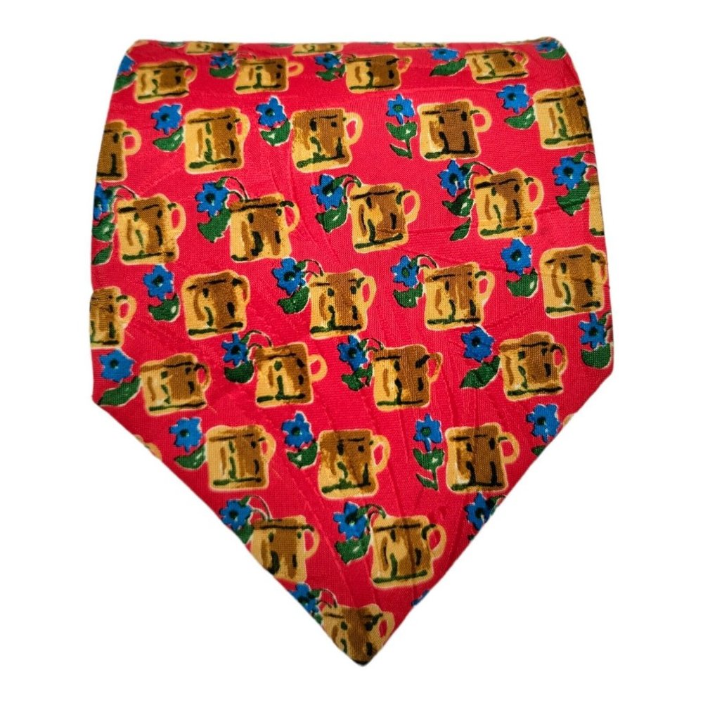 BOLGHERI Red With Flower Pot Mug Printed Silk Tie Italy 56"/ 3".3/4 EX COND